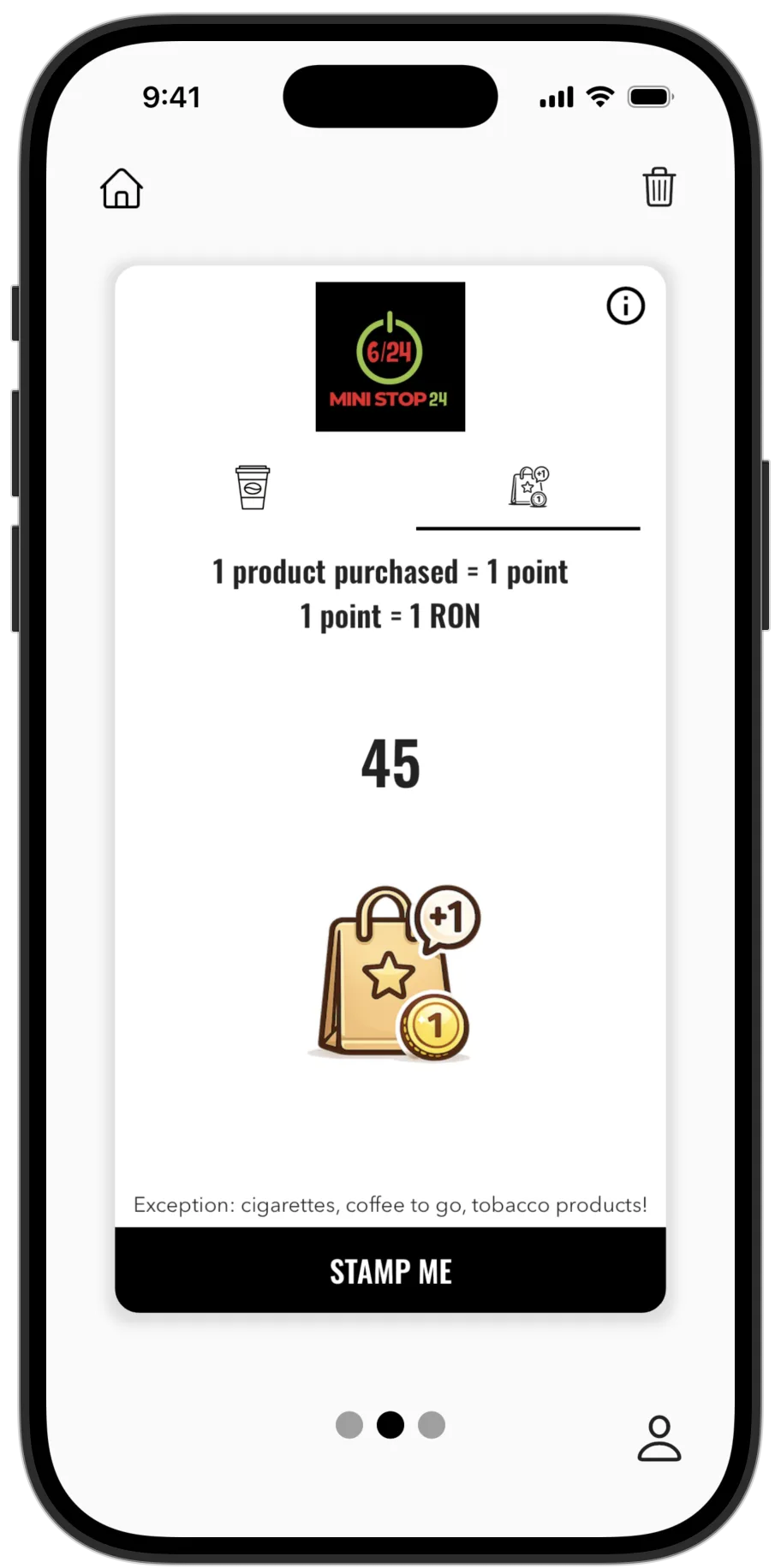 La tessera MINI STOP 24 nell'app Stampino